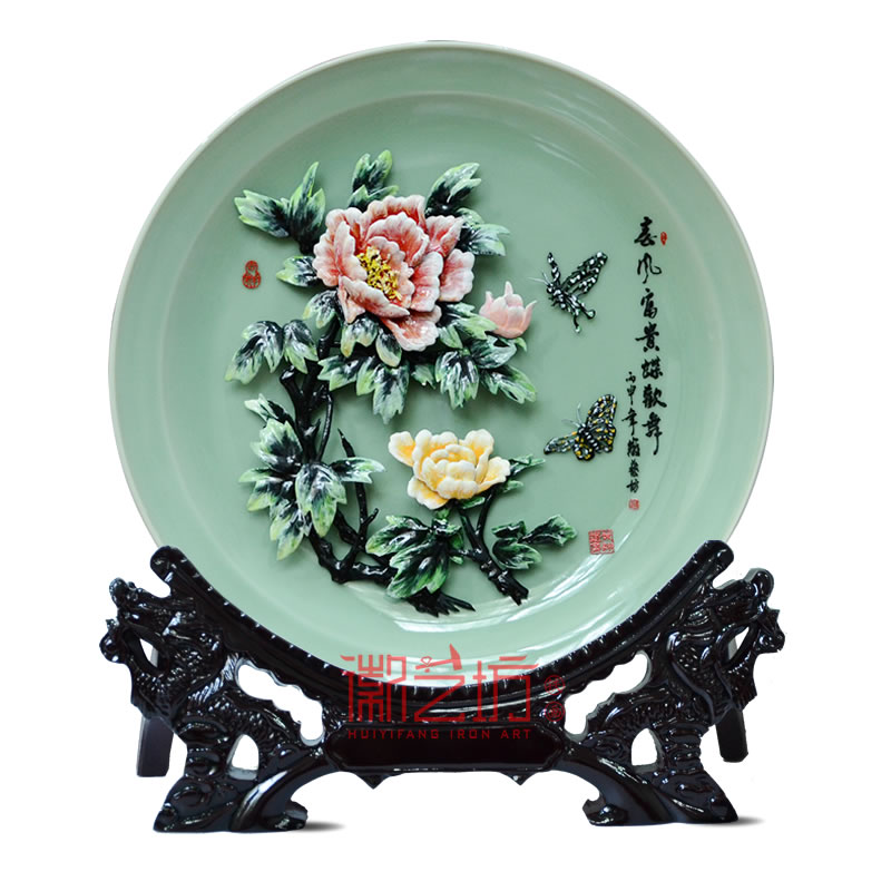彩色牡丹青瓷擺件鐵畫 家居辦公精致擺設 國家級非遺手工藝術(shù)品