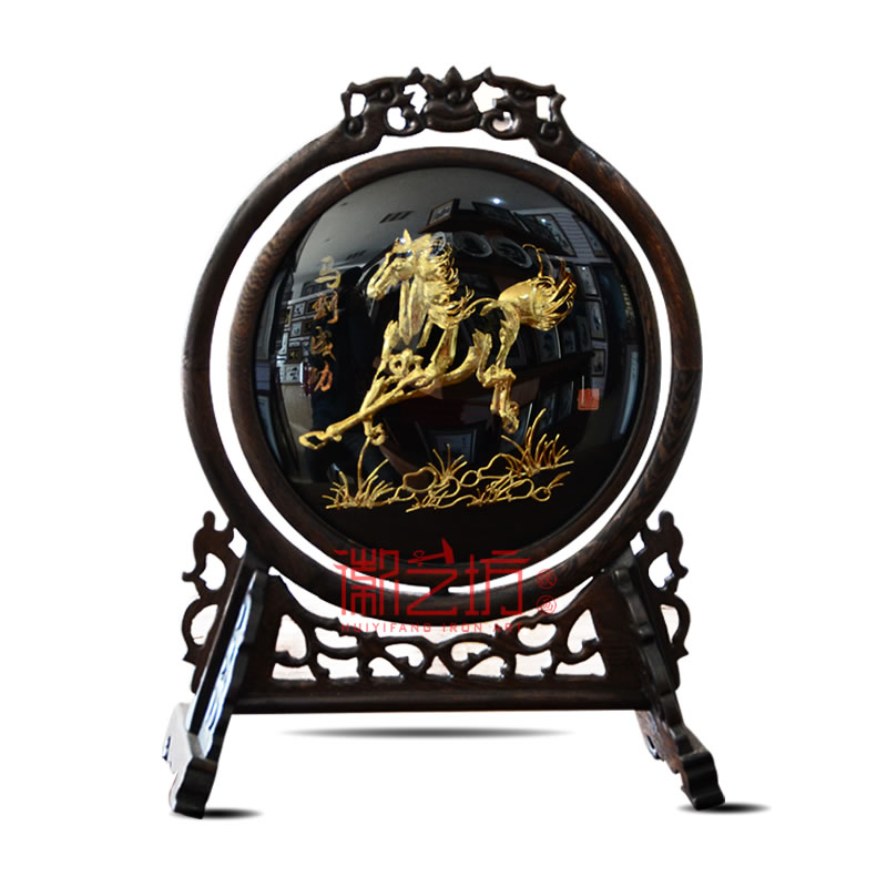 雙面鐵畫(huà)臺(tái)屏擺件馬到成功+迎客松 商務(wù)會(huì)議饋贈(zèng)禮品 安徽特色手工藝